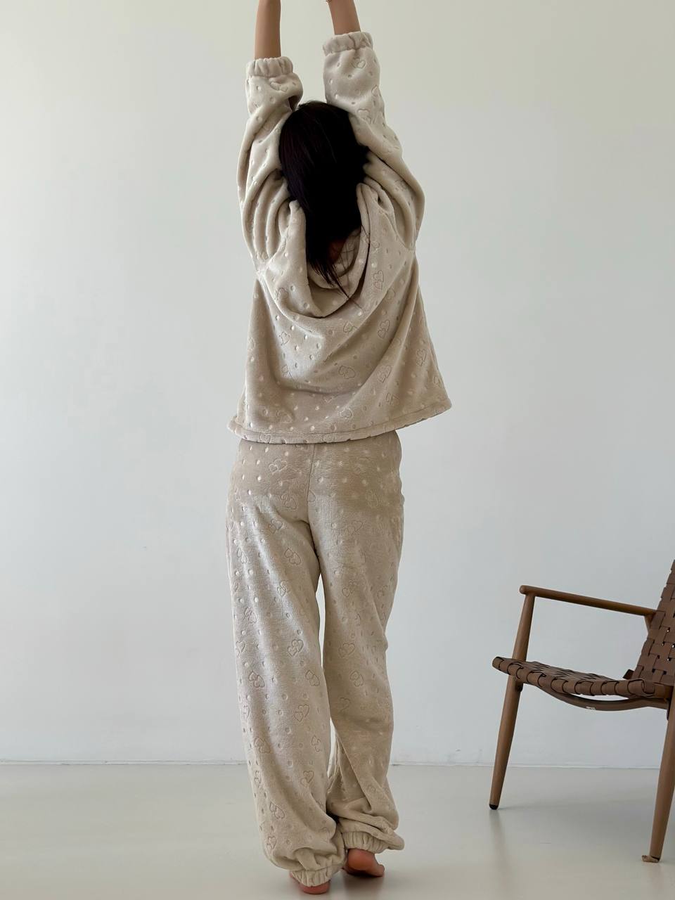 Beige Autumn Women Pjs, Soft Pajama Set of 2 with Hearts, Long sleeve fall pajamas for her, Cute Mom or Girlfriend gift (Copy)