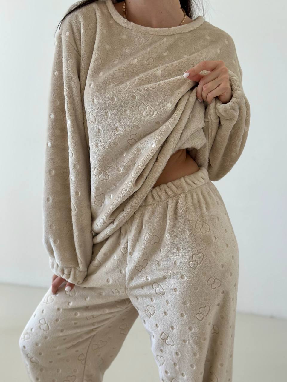 Beige Autumn Women Pjs, Soft Pajama Set of 2 with Hearts, Long sleeve fall pajamas for her, Cute Mom or Girlfriend gift (Copy)