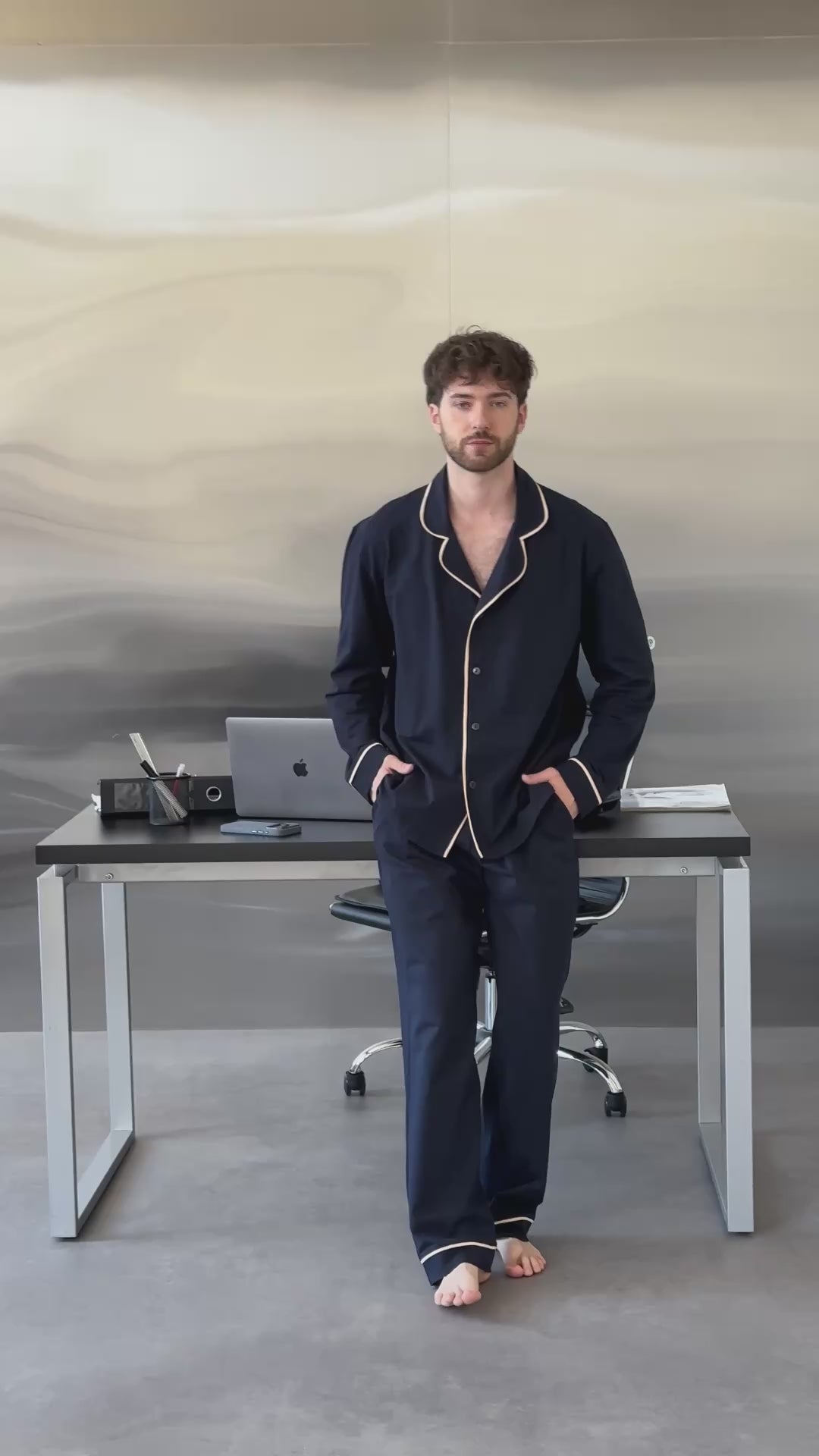 Navy Blue Men Pajama, Pants - Shirt Set, Natural Sleepwear, Long Sleeve Outfit, Homeware for Him, Men pjs