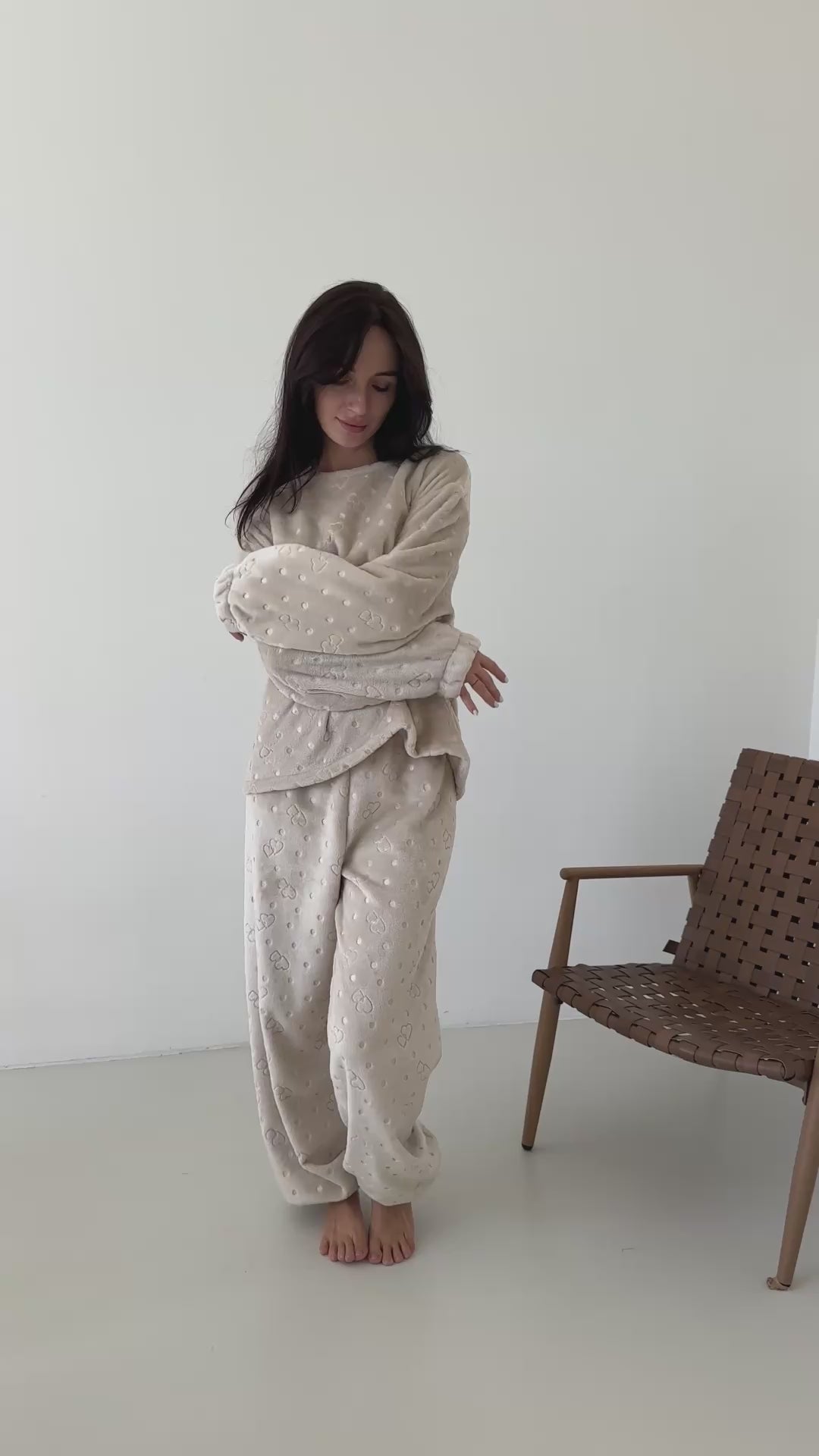 Beige Autumn Women Pjs, Soft Pajama Set of 2 with Hearts, Long sleeve fall pajamas for her, Cute Mom or Girlfriend gift (Copy)