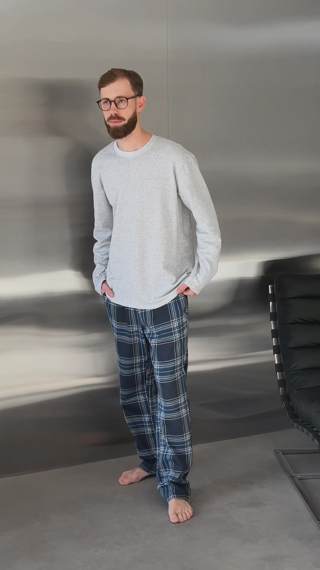 Herren-Flanellpyjama-Set in Rot und Blau mit Taschen