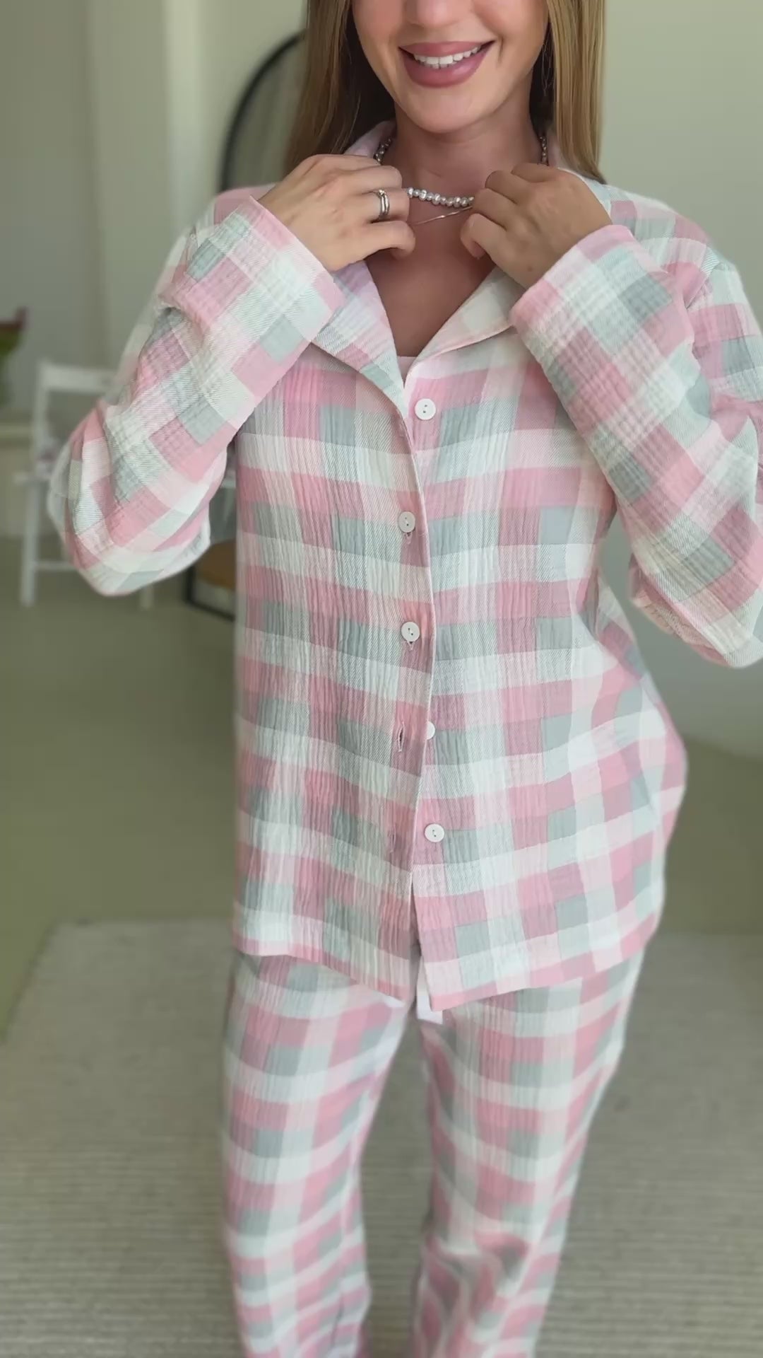 Pink with Gray Plaid Women pjs, Fall Pajama Set of 2, Cute Powder Pink Homeware, Warm Autumn Sleepwear, Long Sleeve Cotton Pajama