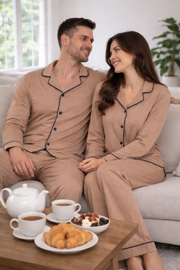 Couple Beige Pajama Set, Classic Sleepwear set of 2, Luxury Long Sleeve pjs, pajama party outfit